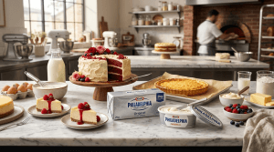 Block cream cheese untuk cheesecake Perbedaan block cream cheese dan spreadable cream cheese Cream cheese sebagai bahan utama cheesecake Cream cheese frosting pada red velvet cake