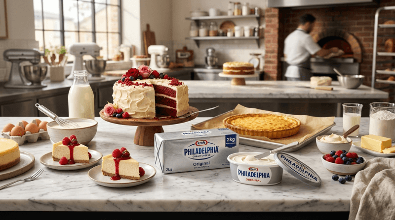 Block cream cheese untuk cheesecake Perbedaan block cream cheese dan spreadable cream cheese Cream cheese sebagai bahan utama cheesecake Cream cheese frosting pada red velvet cake